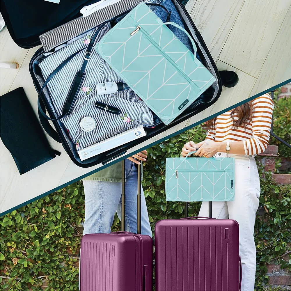 PAVILIA Hanging Toiletry Bag Women Men, Travel Kit Foldable Large Toiletries Organizer, Roll up Cosmetics Makeup Bag Accessories, Waterproof Essentials Jewelry Case (Teal Chevron)