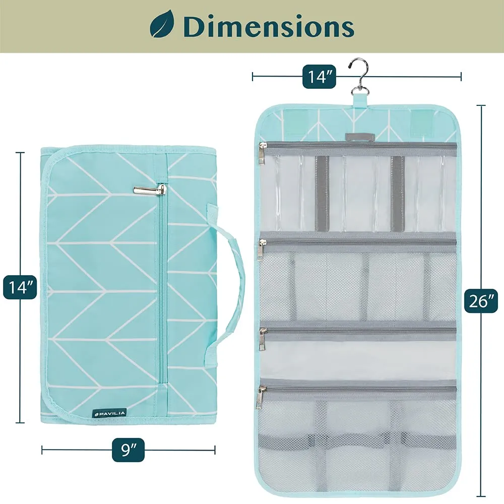 PAVILIA Hanging Toiletry Bag Women Men, Travel Kit Foldable Large Toiletries Organizer, Roll up Cosmetics Makeup Bag Accessories, Waterproof Essentials Jewelry Case (Teal Chevron)