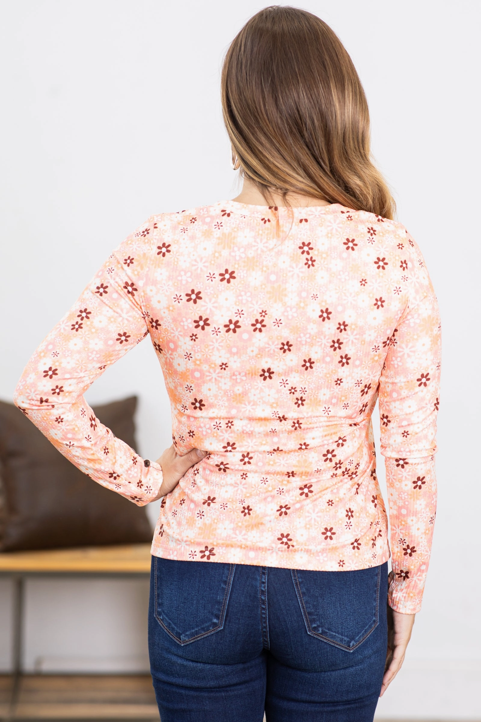 Peach Floral Print Long Sleeve Top