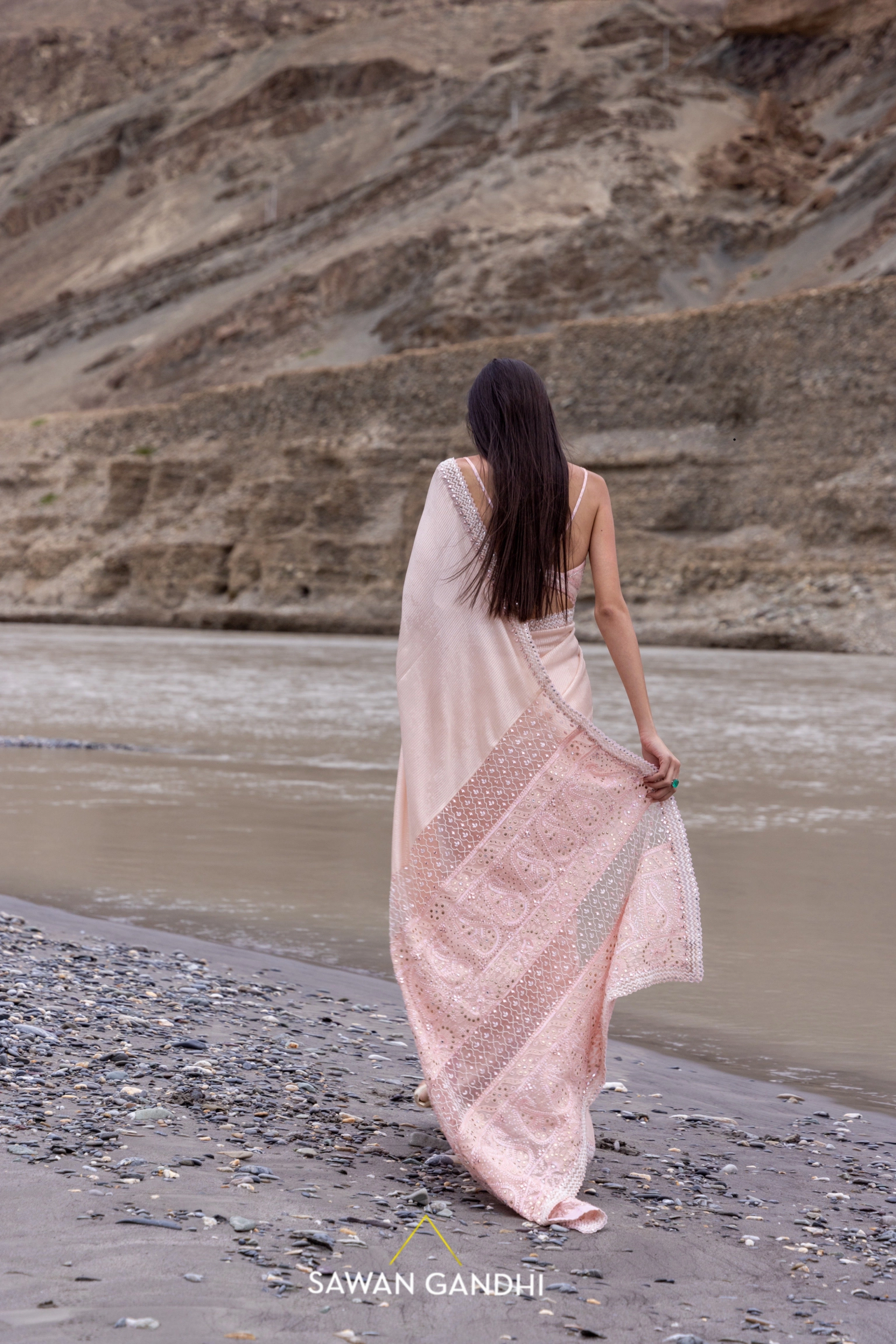 Peach  paani sequins chikankari saree
