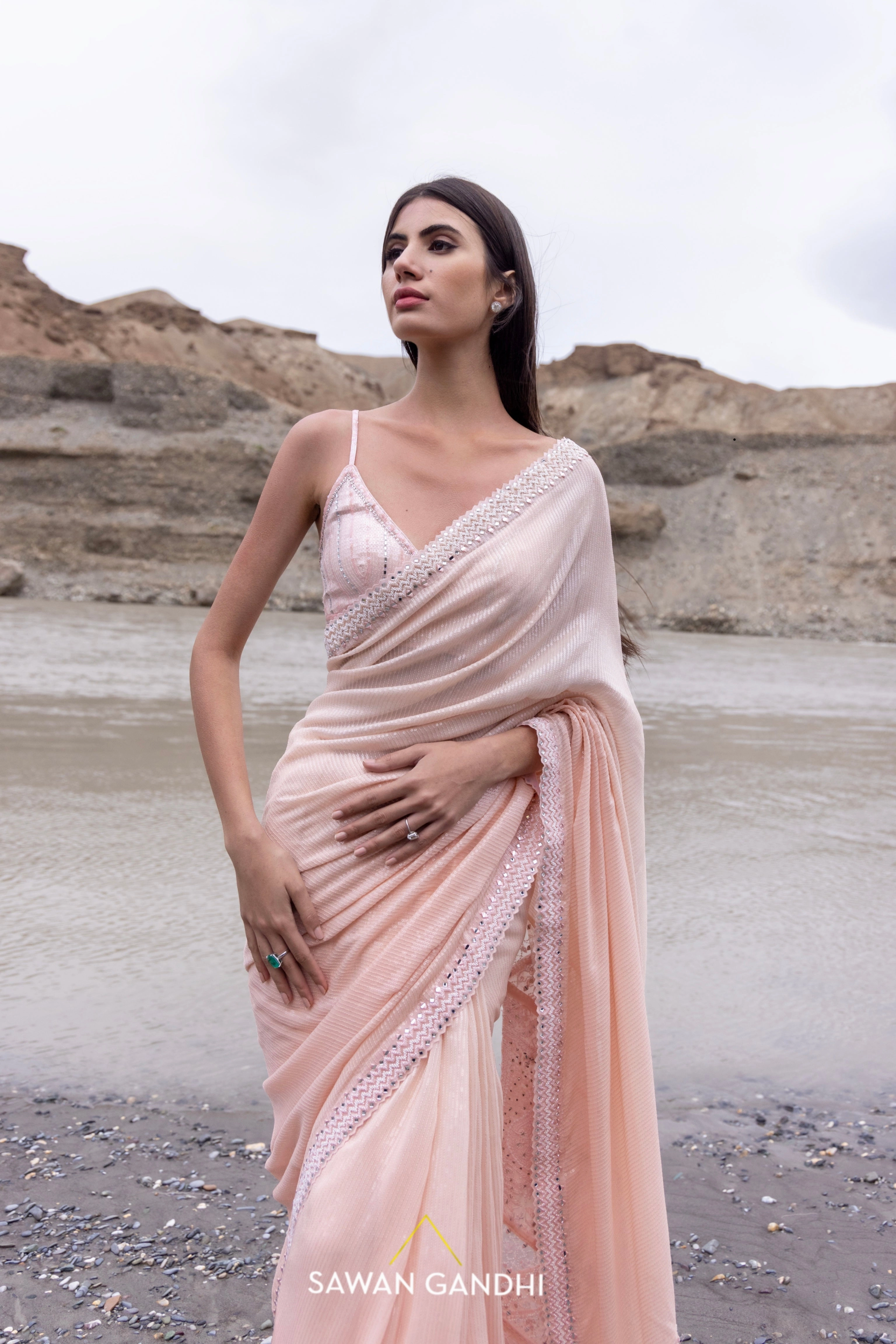 Peach  paani sequins chikankari saree