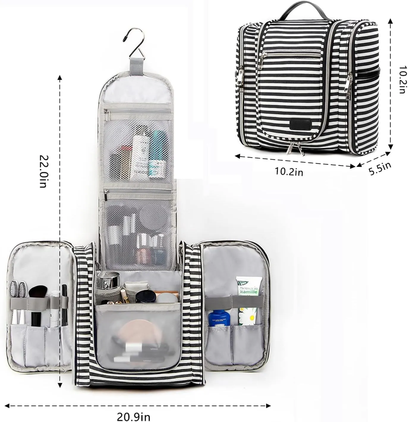 Pearl Angeli Hanging Toiletry Bag for Women, Large Makeup Cosmetic Bag, Water Resistant Toiletries Travel Essentials Organizer, Full-size Container, Black