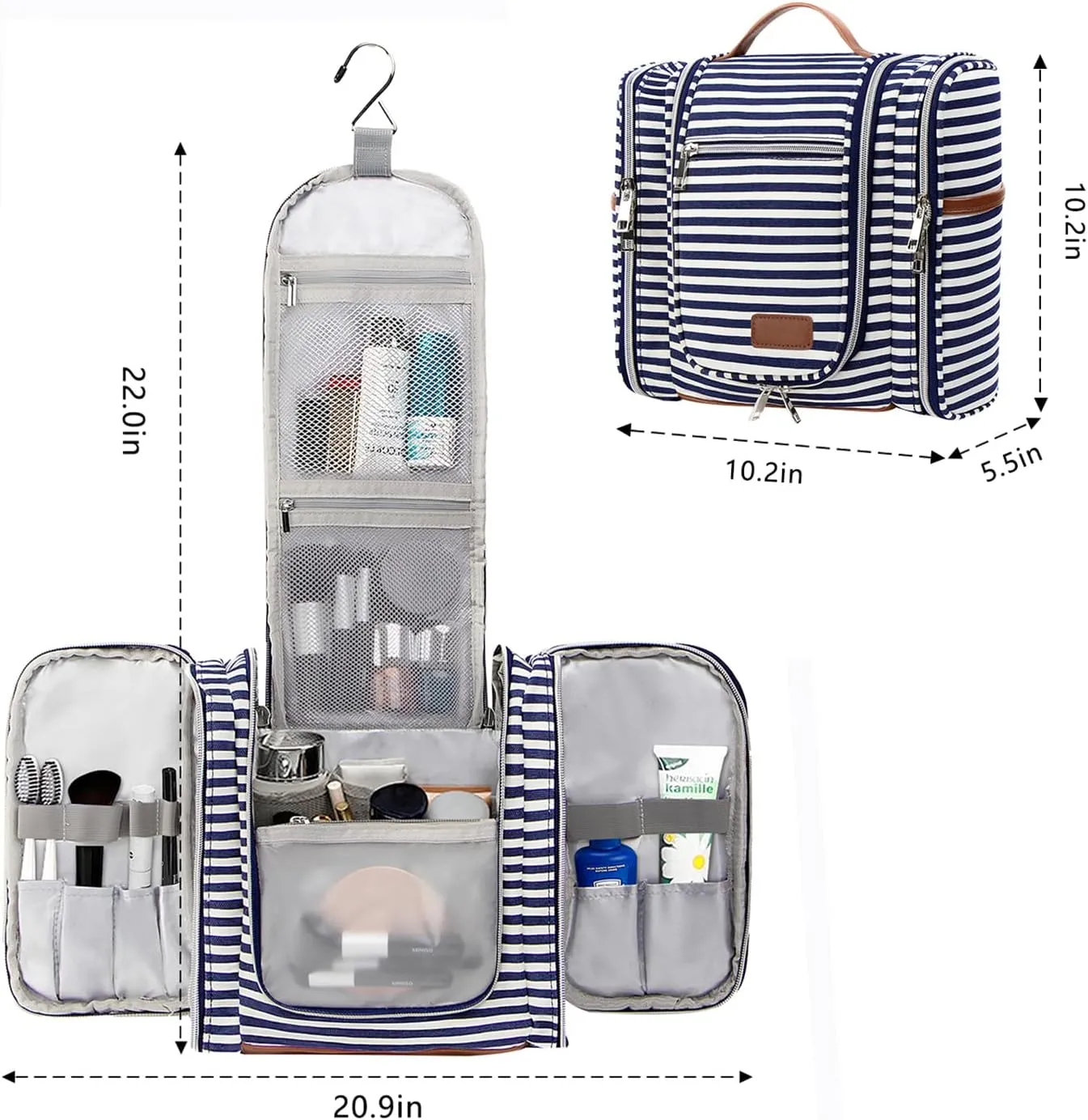 Pearl Angeli Hanging Toiletry Bag for Women, Large Makeup Cosmetic Bag, Water Resistant Toiletries Travel Essentials Organizer, Full-size Container, Navy