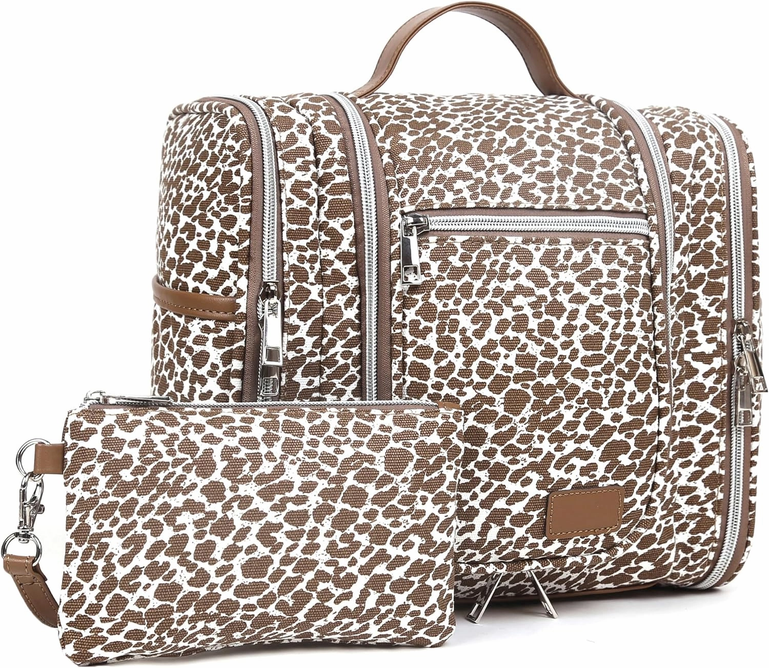 Pearl Angeli Hanging Toiletry Bag for Women, Large Makeup Cosmetic Bag, Water Resistant Toiletries Travel Essentials Organizer, Full-size Container, Khaki Lepoard