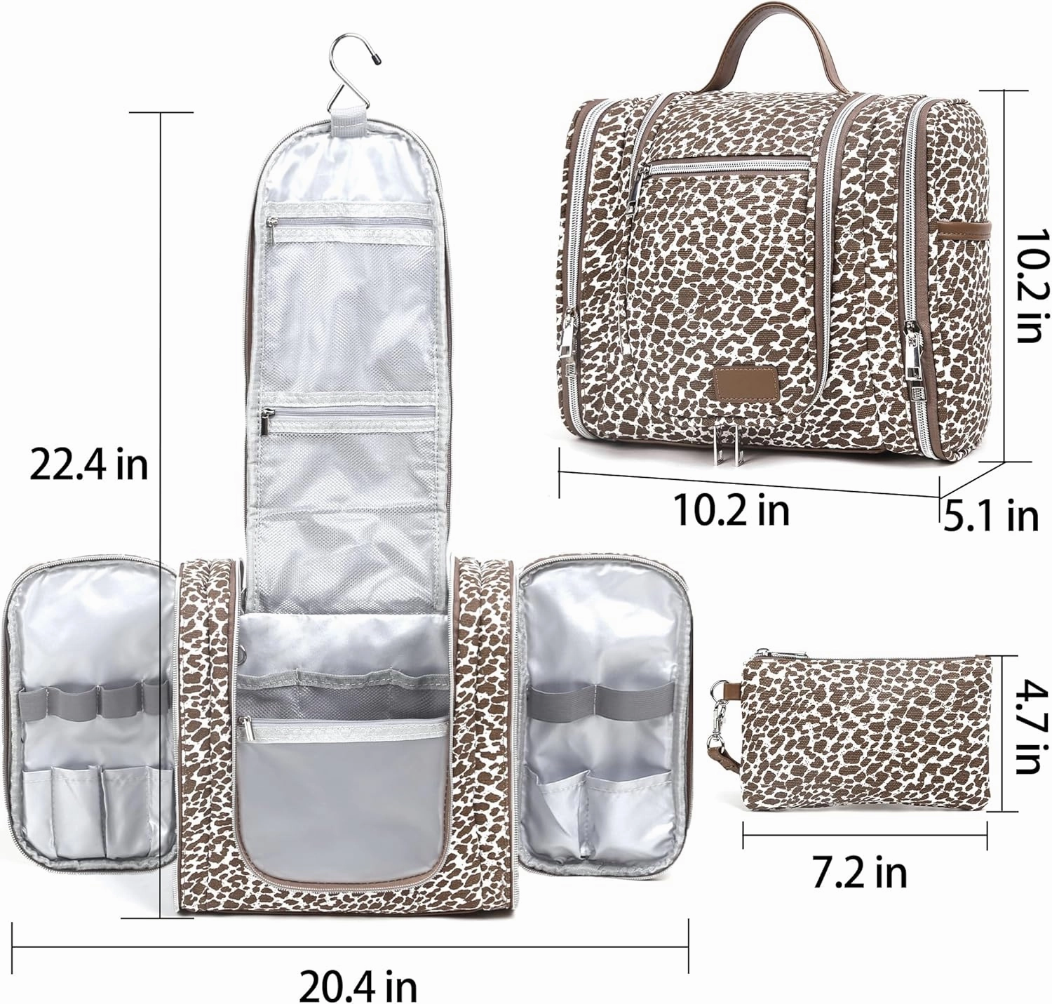 Pearl Angeli Hanging Toiletry Bag for Women, Large Makeup Cosmetic Bag, Water Resistant Toiletries Travel Essentials Organizer, Full-size Container, Khaki Lepoard