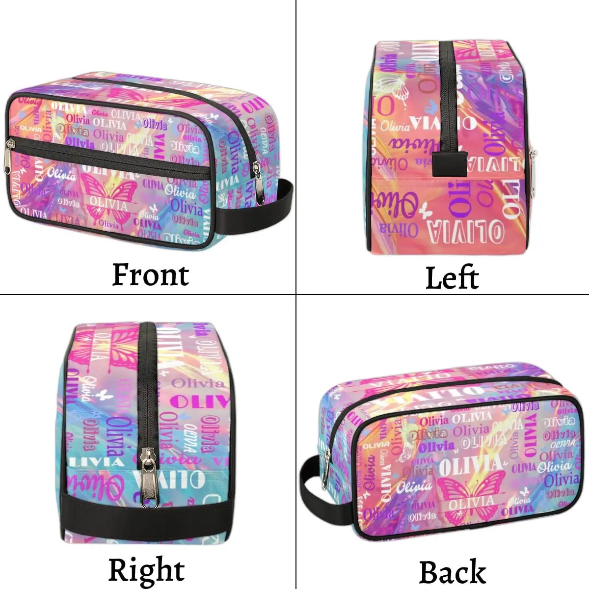 Personalized Makeup Bag with Name, Best Friends Teen Women Mom Birthday Gift Toiletry Travel Bag for Toiletries, Pink Blue Bright Effect with Butterfly
