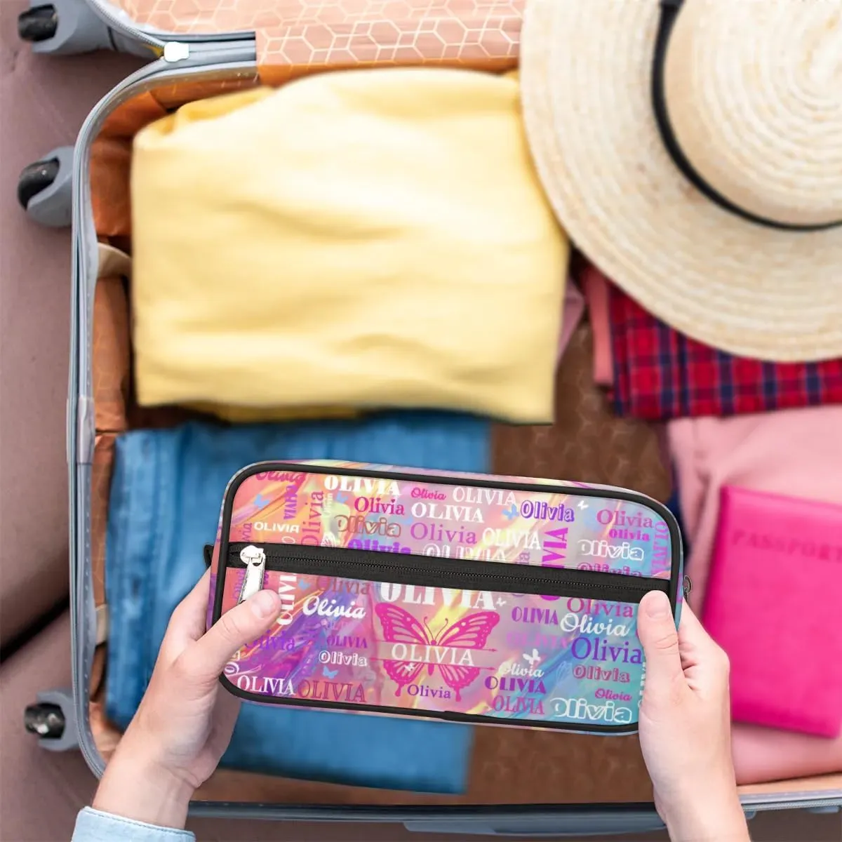 Personalized Makeup Bag with Name, Best Friends Teen Women Mom Birthday Gift Toiletry Travel Bag for Toiletries, Pink Blue Bright Effect with Butterfly