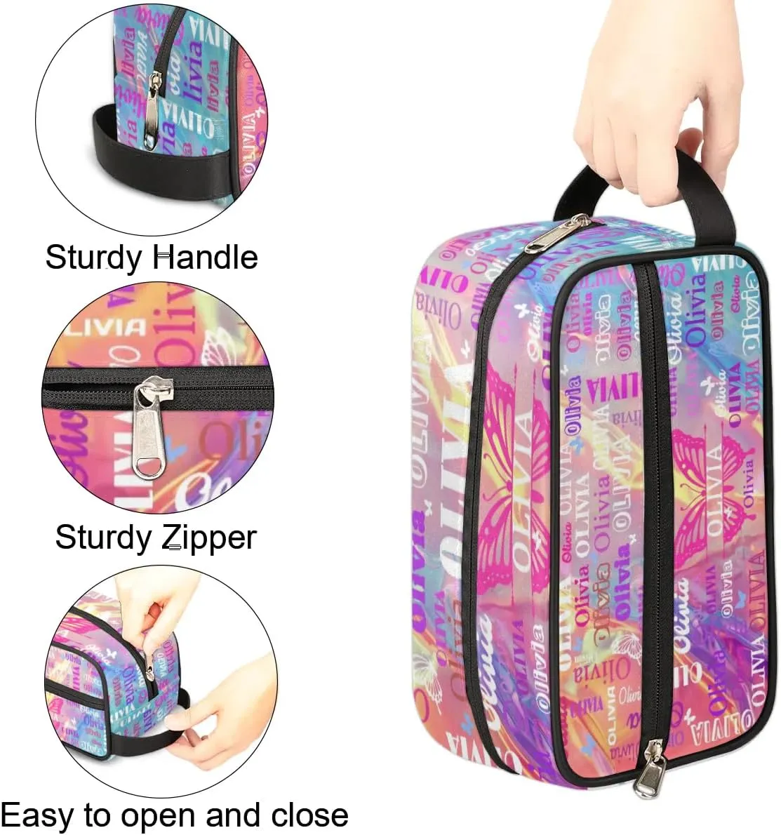Personalized Makeup Bag with Name, Best Friends Teen Women Mom Birthday Gift Toiletry Travel Bag for Toiletries, Pink Blue Bright Effect with Butterfly