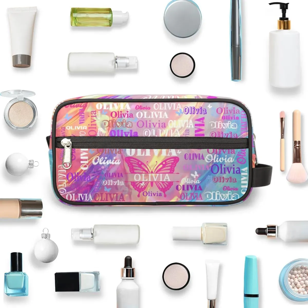 Personalized Makeup Bag with Name, Best Friends Teen Women Mom Birthday Gift Toiletry Travel Bag for Toiletries, Pink Blue Bright Effect with Butterfly