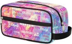Personalized Makeup Bag with Name, Best Friends Teen Women Mom Birthday Gift Toiletry Travel Bag for Toiletries, Pink Blue Bright Effect with Butterfly