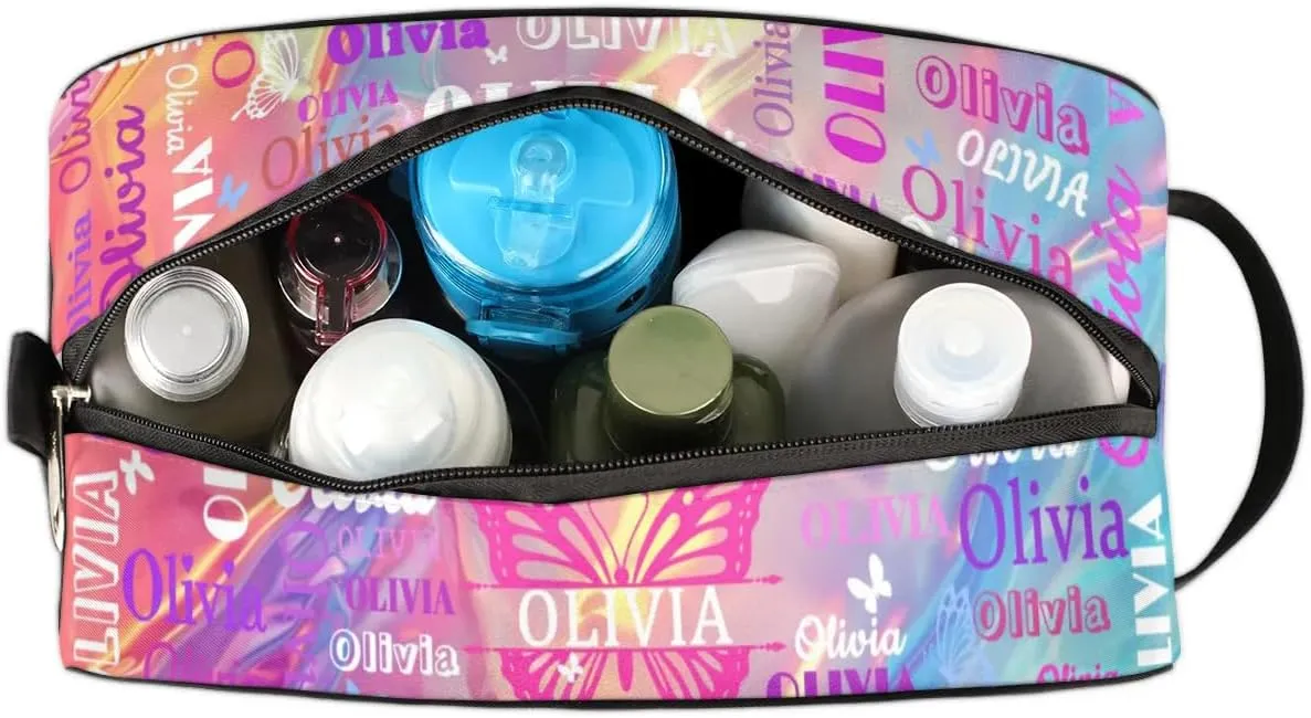 Personalized Makeup Bag with Name, Best Friends Teen Women Mom Birthday Gift Toiletry Travel Bag for Toiletries, Pink Blue Bright Effect with Butterfly