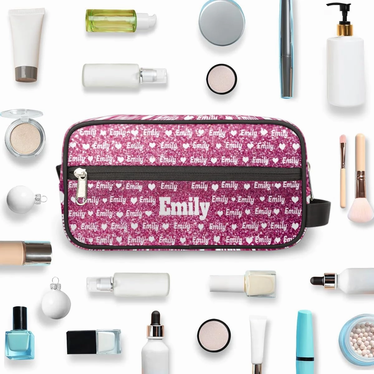 Personalized Makeup Bag with Name, Best Friends Teen Women Mom Birthday Gift Toiletry Travel Bag for Toiletries, Pink Sequins Glittery Love Hearts