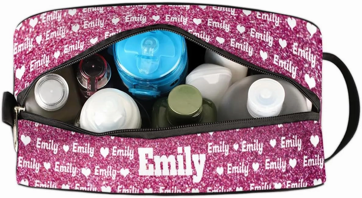 Personalized Makeup Bag with Name, Best Friends Teen Women Mom Birthday Gift Toiletry Travel Bag for Toiletries, Pink Sequins Glittery Love Hearts