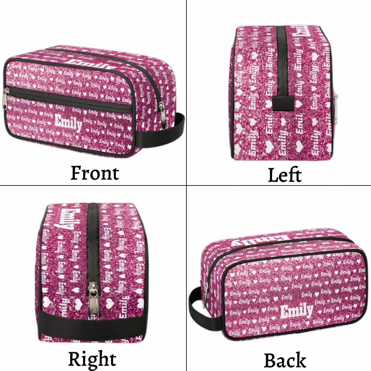 Personalized Makeup Bag with Name, Best Friends Teen Women Mom Birthday Gift Toiletry Travel Bag for Toiletries, Pink Sequins Glittery Love Hearts