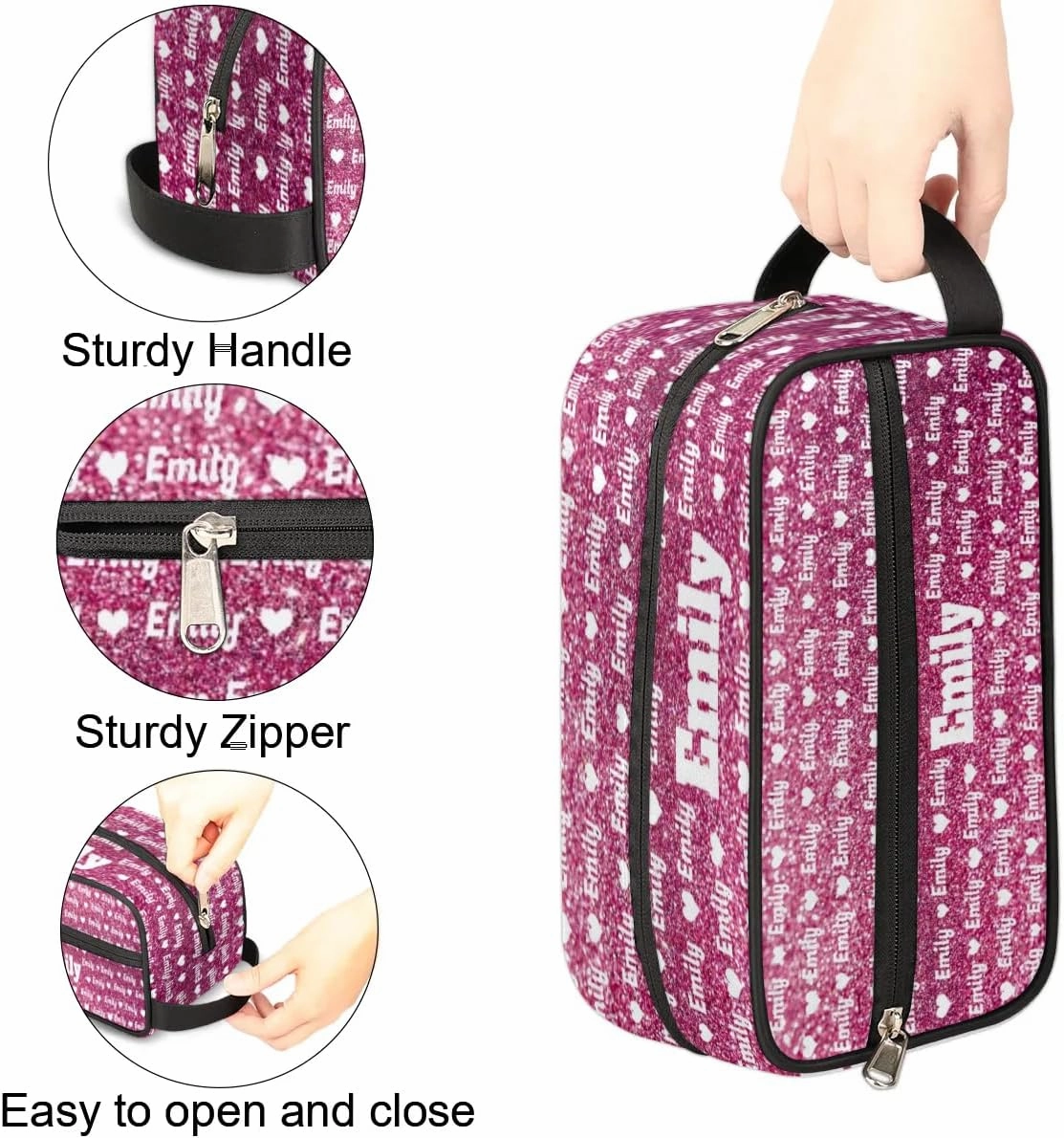 Personalized Makeup Bag with Name, Best Friends Teen Women Mom Birthday Gift Toiletry Travel Bag for Toiletries, Pink Sequins Glittery Love Hearts