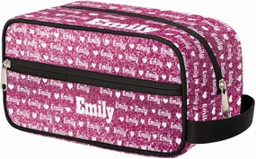Personalized Makeup Bag with Name, Best Friends Teen Women Mom Birthday Gift Toiletry Travel Bag for Toiletries, Pink Sequins Glittery Love Hearts