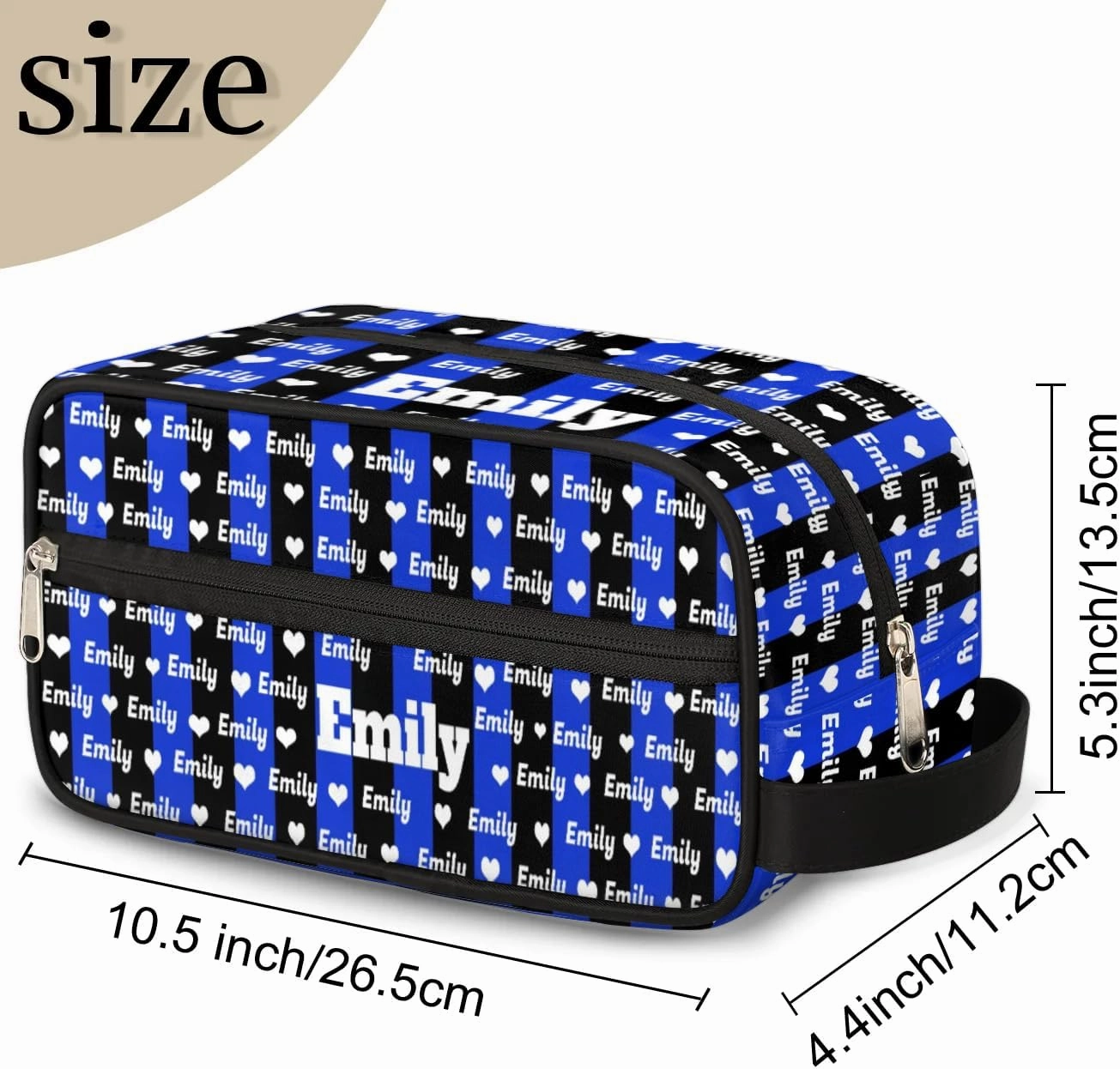 Personalized Makeup Bag with Name, Best Friends Teen Women Mom Birthday Gift Toiletry Travel Bag for Toiletries, Royal Blue Black Stripes with Hearts