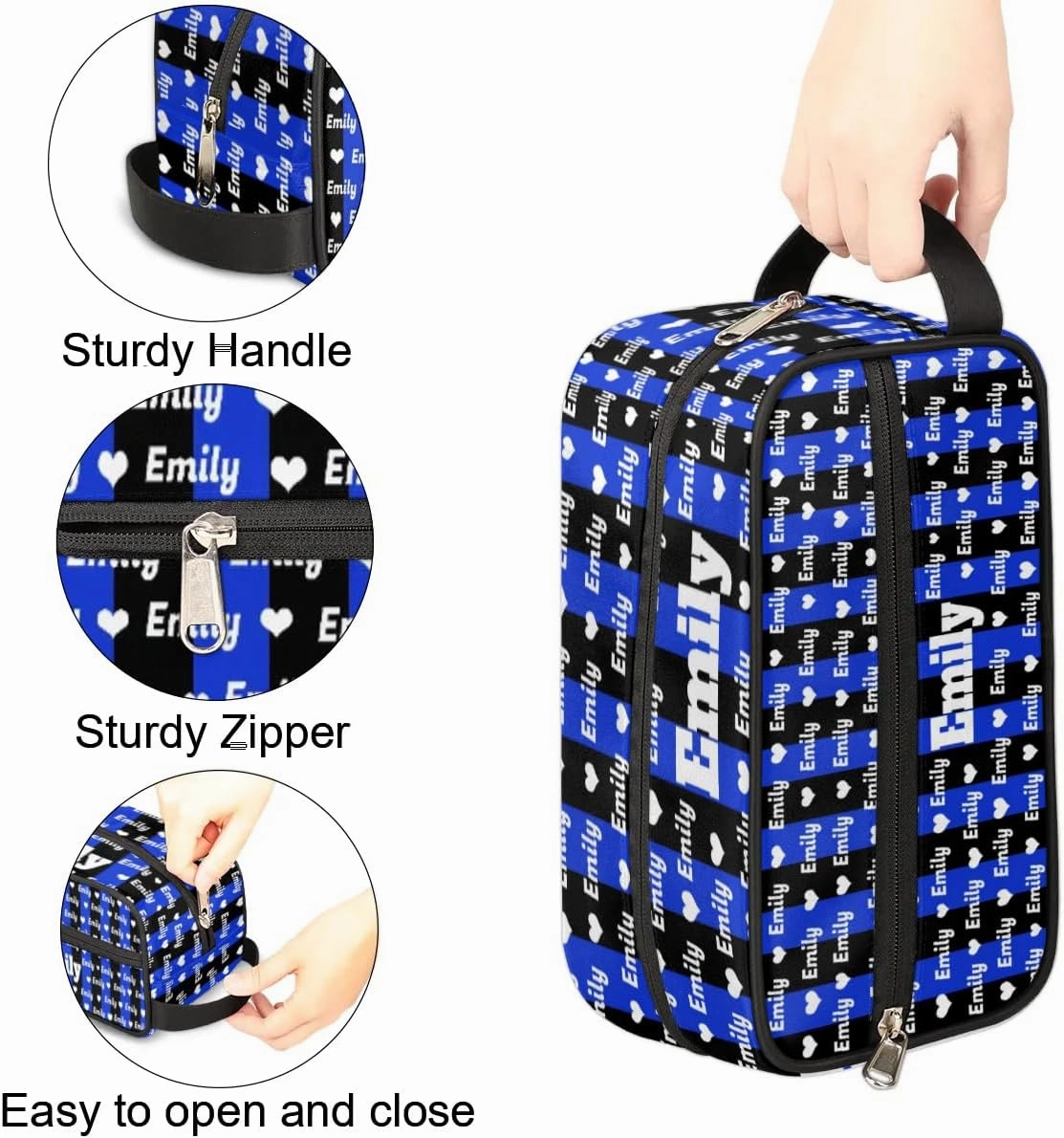 Personalized Makeup Bag with Name, Best Friends Teen Women Mom Birthday Gift Toiletry Travel Bag for Toiletries, Royal Blue Black Stripes with Hearts
