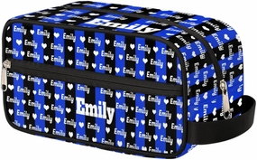 Personalized Makeup Bag with Name, Best Friends Teen Women Mom Birthday Gift Toiletry Travel Bag for Toiletries, Royal Blue Black Stripes with Hearts