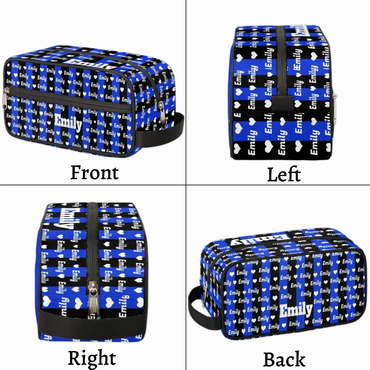 Personalized Makeup Bag with Name, Best Friends Teen Women Mom Birthday Gift Toiletry Travel Bag for Toiletries, Royal Blue Black Stripes with Hearts
