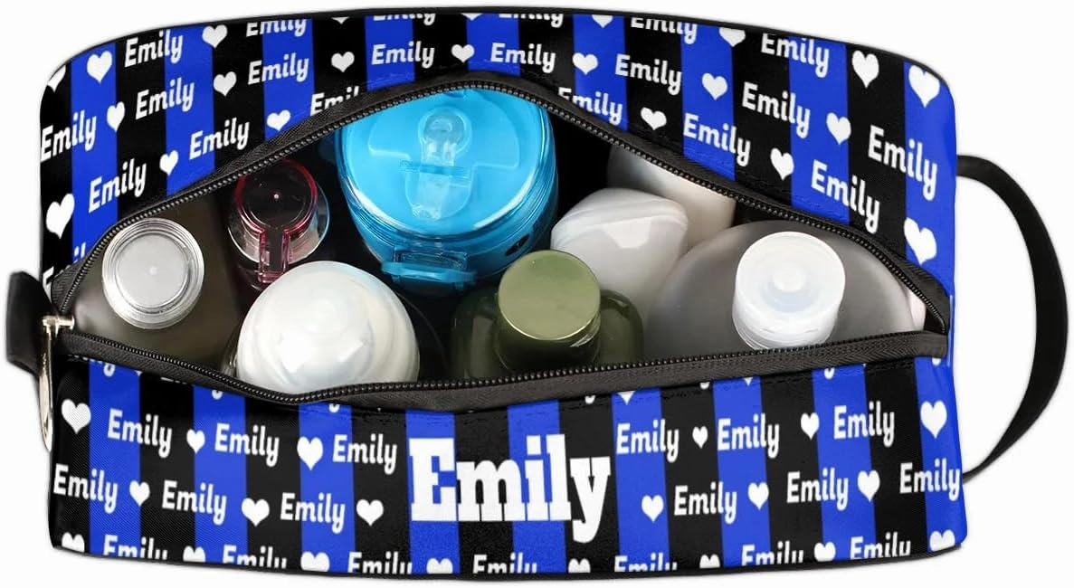 Personalized Makeup Bag with Name, Best Friends Teen Women Mom Birthday Gift Toiletry Travel Bag for Toiletries, Royal Blue Black Stripes with Hearts