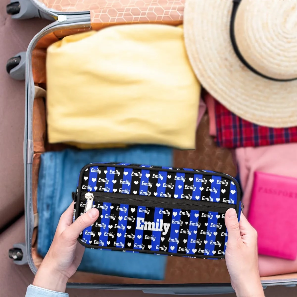 Personalized Makeup Bag with Name, Best Friends Teen Women Mom Birthday Gift Toiletry Travel Bag for Toiletries, Royal Blue Black Stripes with Hearts