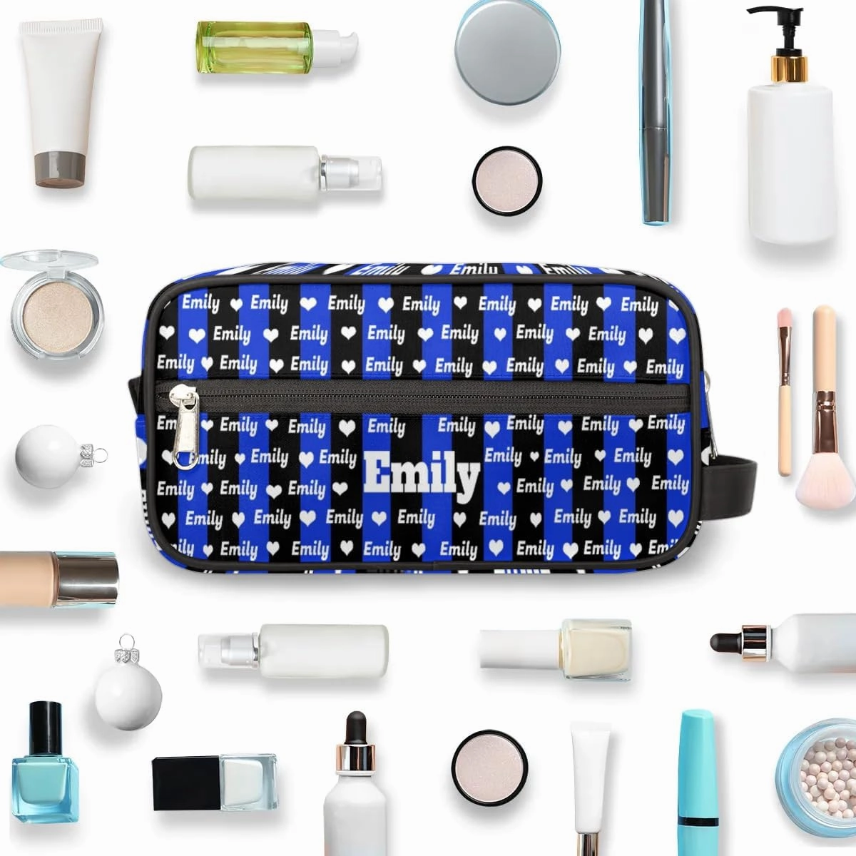 Personalized Makeup Bag with Name, Best Friends Teen Women Mom Birthday Gift Toiletry Travel Bag for Toiletries, Royal Blue Black Stripes with Hearts