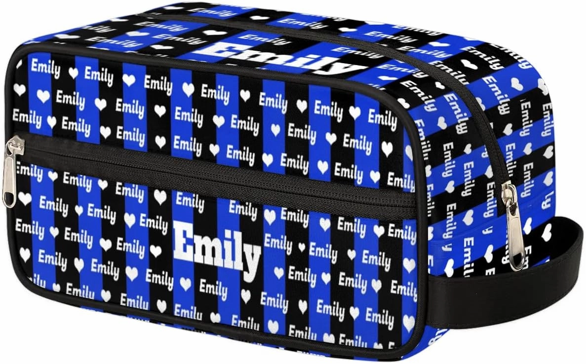 Personalized Makeup Bag with Name, Best Friends Teen Women Mom Birthday Gift Toiletry Travel Bag for Toiletries, Royal Blue Black Stripes with Hearts