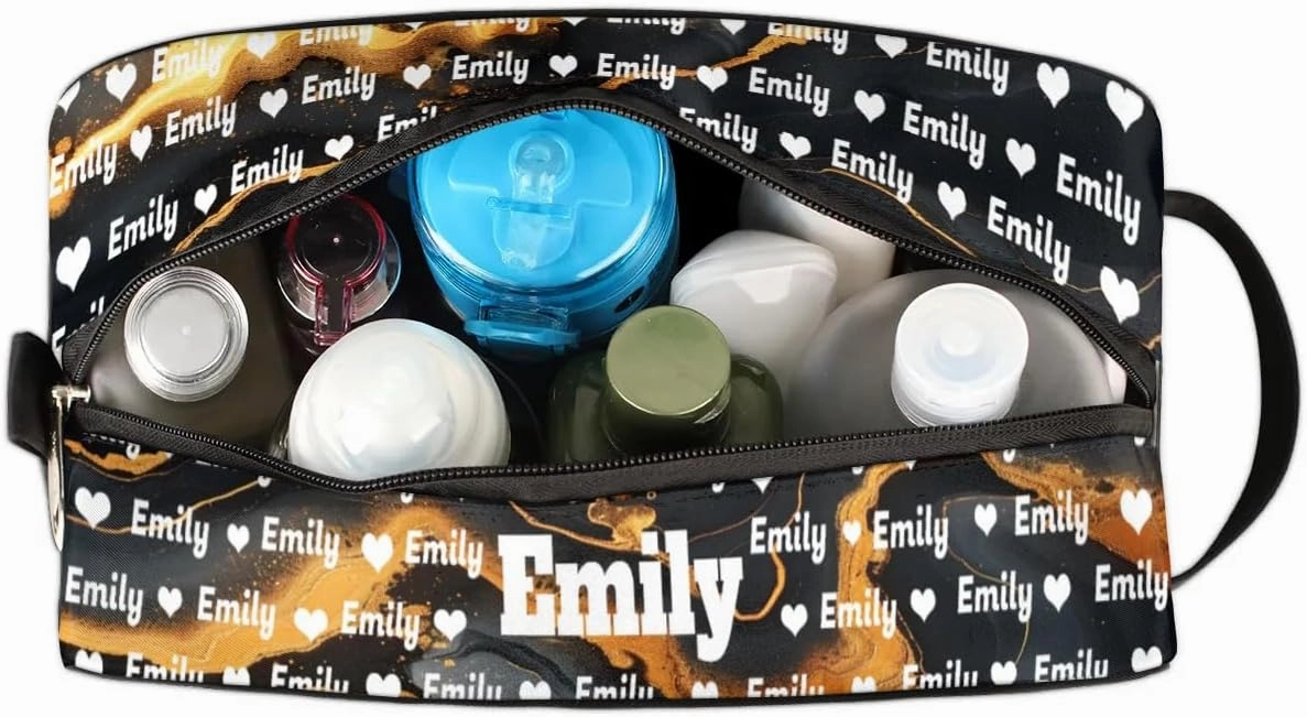 Personalized Name Makeup Bag, Custom Women Cosmetic Travel Toiletry Bag Pouch Organizer for Vacation Weekend, Black Marble Gold Cracks Background