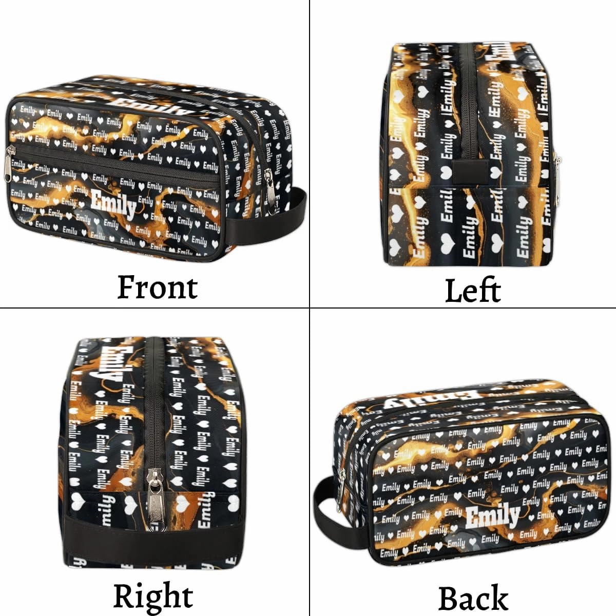 Personalized Name Makeup Bag, Custom Women Cosmetic Travel Toiletry Bag Pouch Organizer for Vacation Weekend, Black Marble Gold Cracks Background