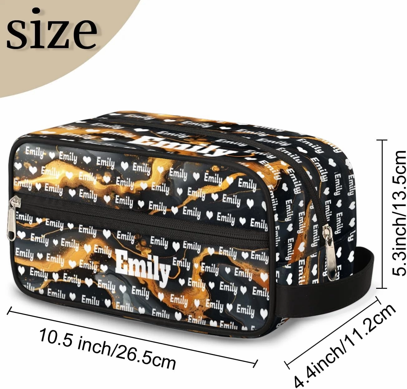 Personalized Name Makeup Bag, Custom Women Cosmetic Travel Toiletry Bag Pouch Organizer for Vacation Weekend, Black Marble Gold Cracks Background