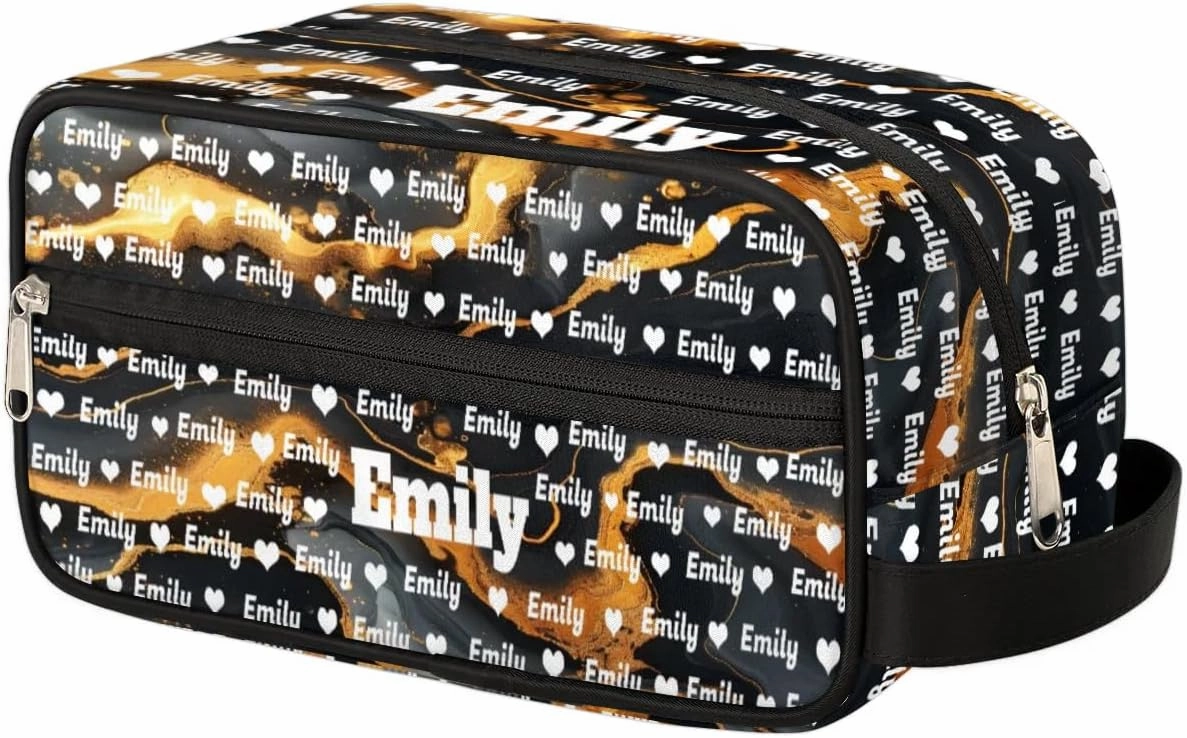 Personalized Name Makeup Bag, Custom Women Cosmetic Travel Toiletry Bag Pouch Organizer for Vacation Weekend, Black Marble Gold Cracks Background