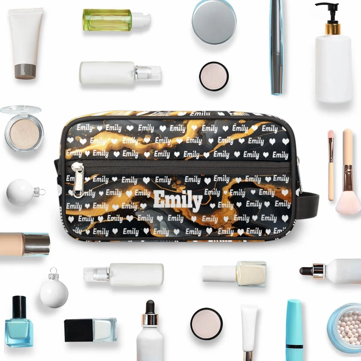 Personalized Name Makeup Bag, Custom Women Cosmetic Travel Toiletry Bag Pouch Organizer for Vacation Weekend, Black Marble Gold Cracks Background