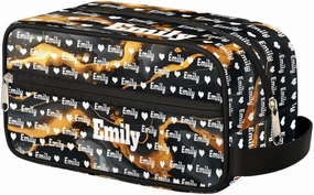 Personalized Name Makeup Bag, Custom Women Cosmetic Travel Toiletry Bag Pouch Organizer for Vacation Weekend, Black Marble Gold Cracks Background