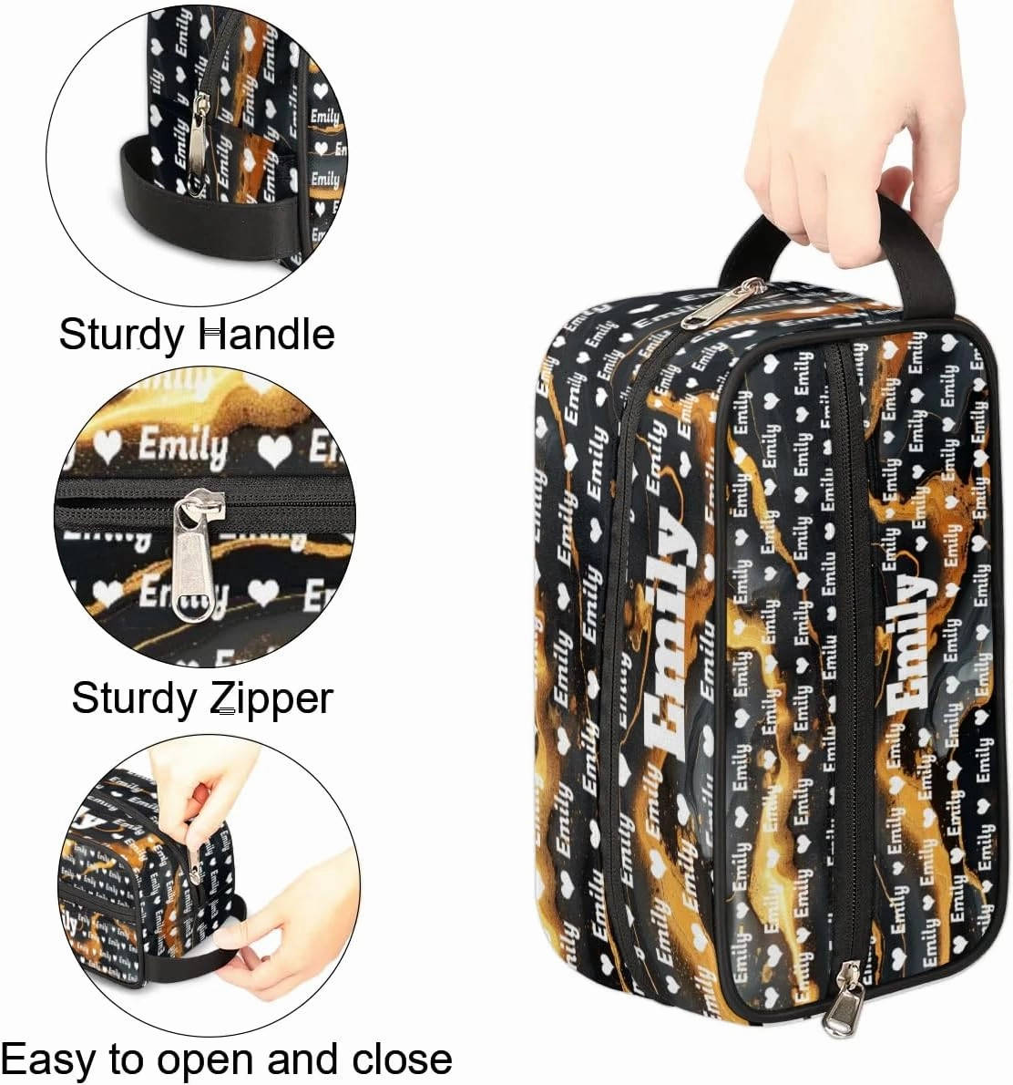Personalized Name Makeup Bag, Custom Women Cosmetic Travel Toiletry Bag Pouch Organizer for Vacation Weekend, Black Marble Gold Cracks Background