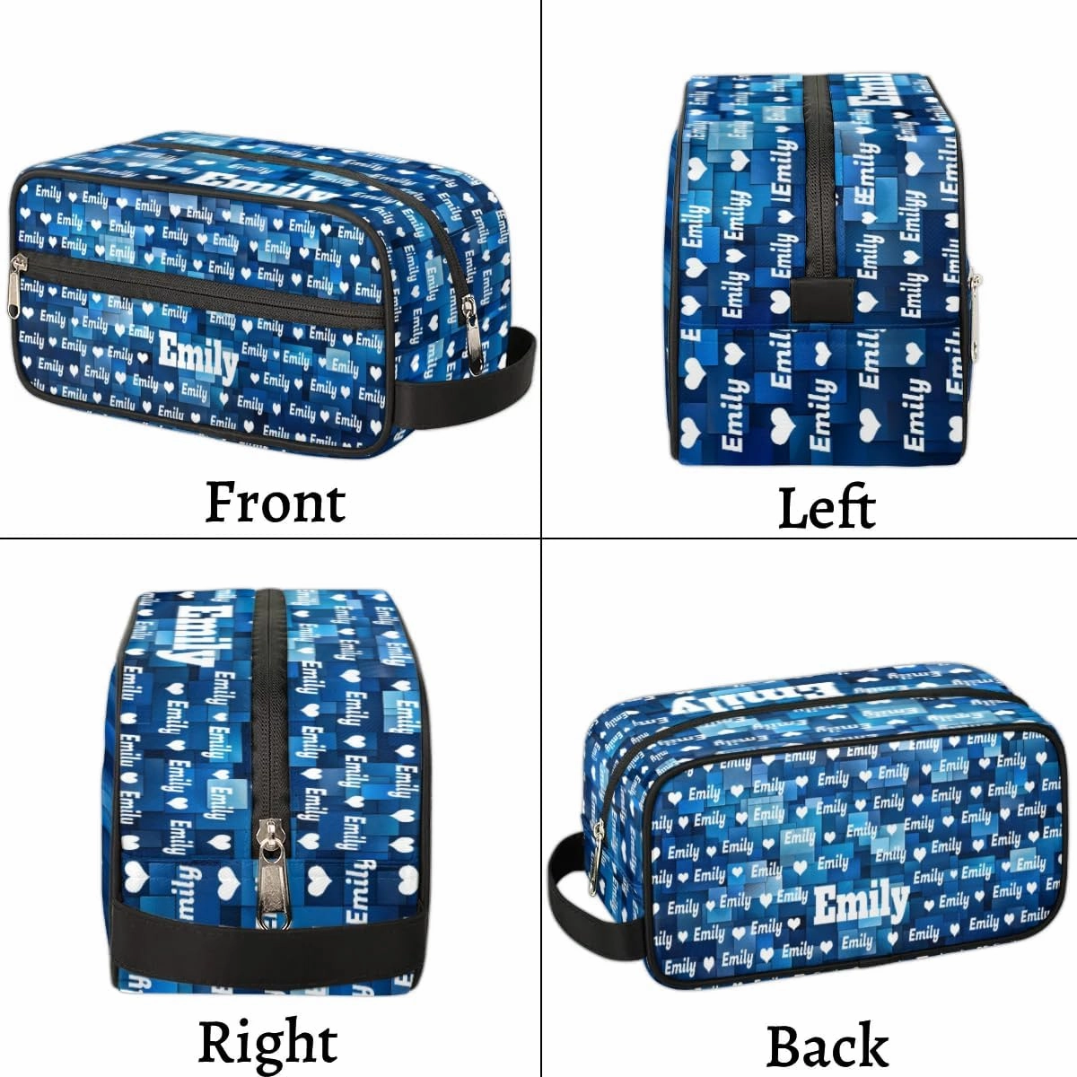 Personalized Name Toiletry Bag with Hearts, Large Travel Cosmetic Bag Portable Makeup Organizer Bag for Women Bathroom Shower Essentials, Blue Geometric Pattern