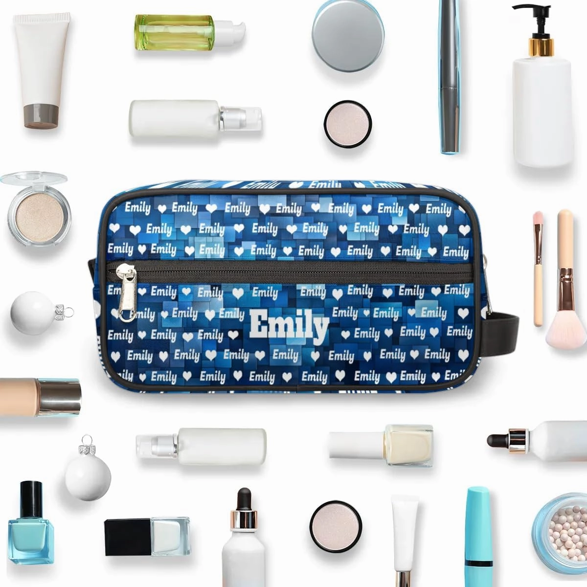 Personalized Name Toiletry Bag with Hearts, Large Travel Cosmetic Bag Portable Makeup Organizer Bag for Women Bathroom Shower Essentials, Blue Geometric Pattern