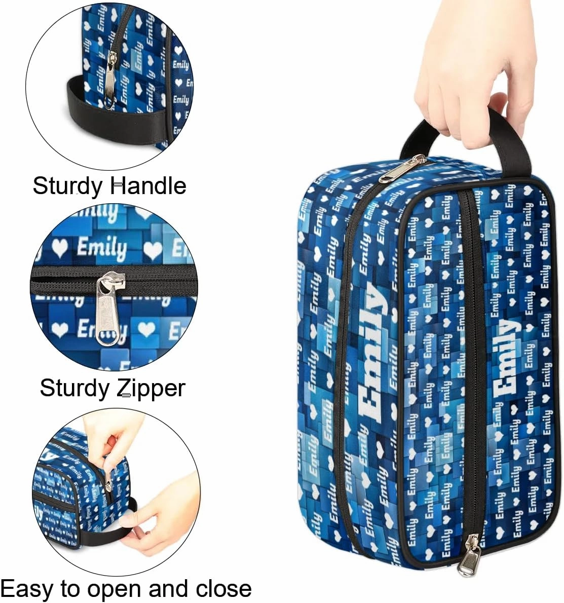 Personalized Name Toiletry Bag with Hearts, Large Travel Cosmetic Bag Portable Makeup Organizer Bag for Women Bathroom Shower Essentials, Blue Geometric Pattern