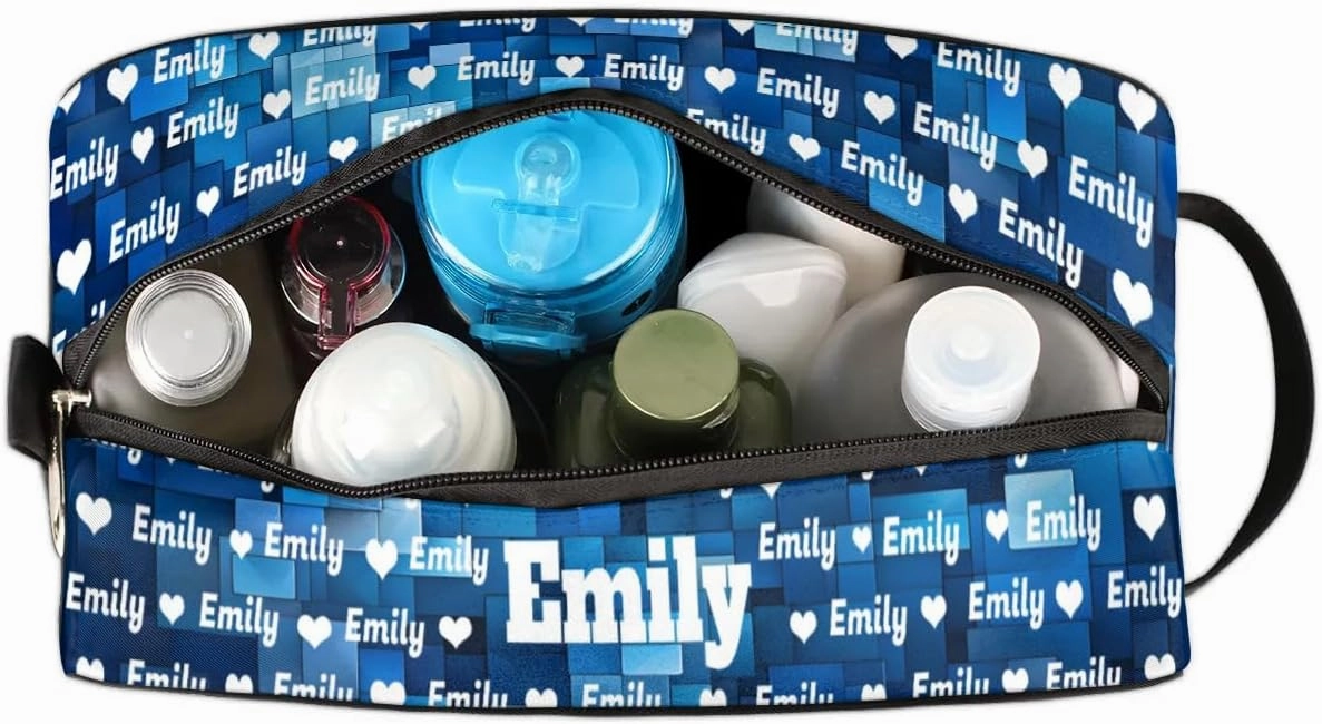 Personalized Name Toiletry Bag with Hearts, Large Travel Cosmetic Bag Portable Makeup Organizer Bag for Women Bathroom Shower Essentials, Blue Geometric Pattern