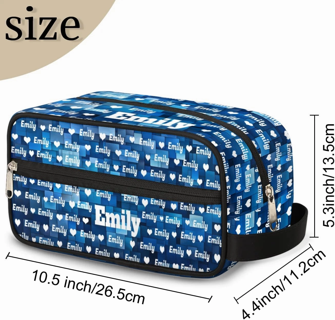 Personalized Name Toiletry Bag with Hearts, Large Travel Cosmetic Bag Portable Makeup Organizer Bag for Women Bathroom Shower Essentials, Blue Geometric Pattern