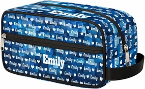Personalized Name Toiletry Bag with Hearts, Large Travel Cosmetic Bag Portable Makeup Organizer Bag for Women Bathroom Shower Essentials, Blue Geometric Pattern