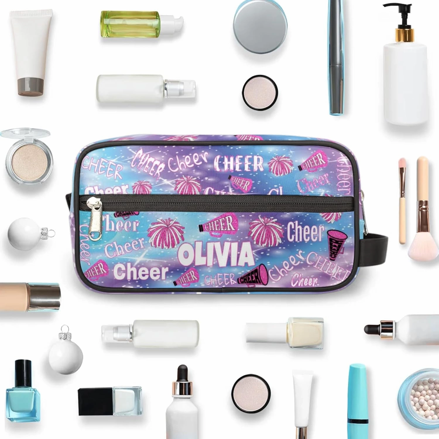 Personalized Travel Cosmetic Bag Waterproof Makeup Bags, Custom Name Colorful Blue Pink Bling Bling Glittering Organizer Case Toiletries Container Bag