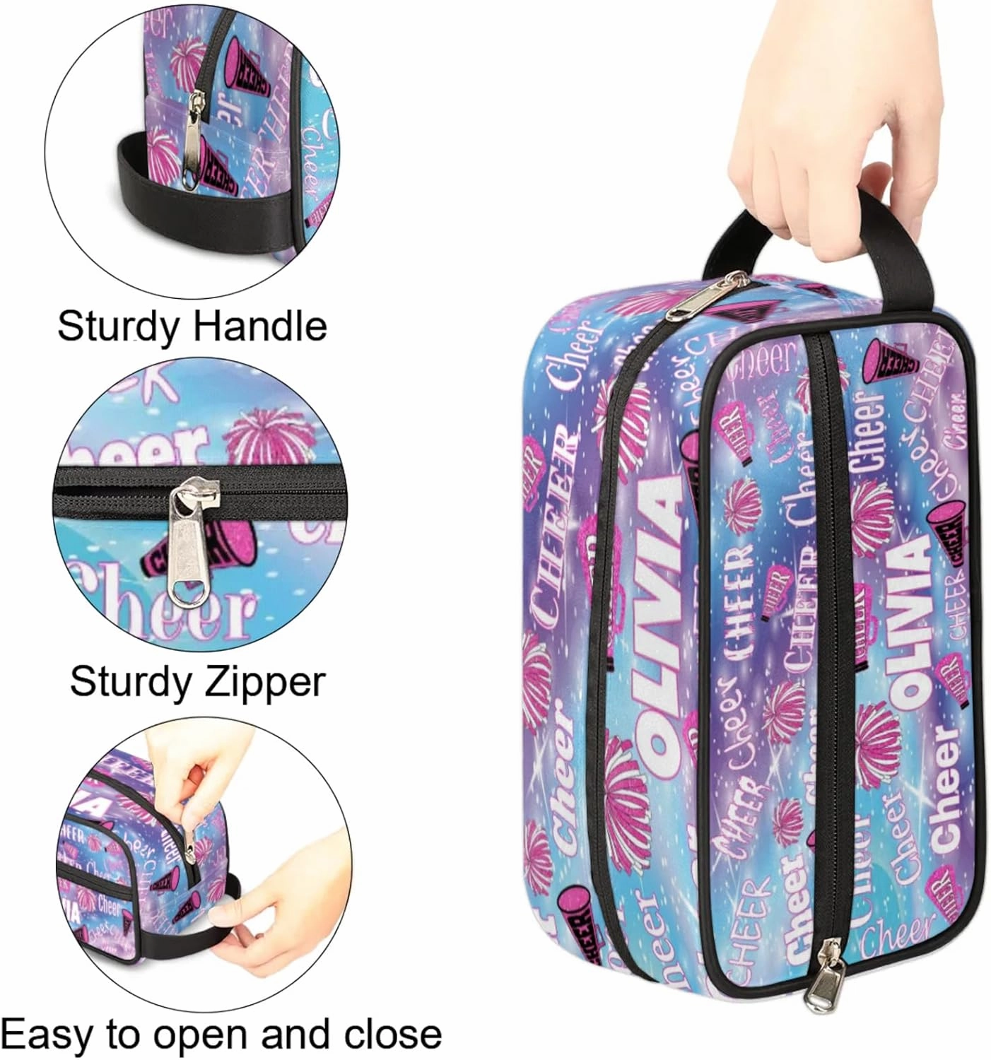 Personalized Travel Cosmetic Bag Waterproof Makeup Bags, Custom Name Colorful Blue Pink Bling Bling Glittering Organizer Case Toiletries Container Bag