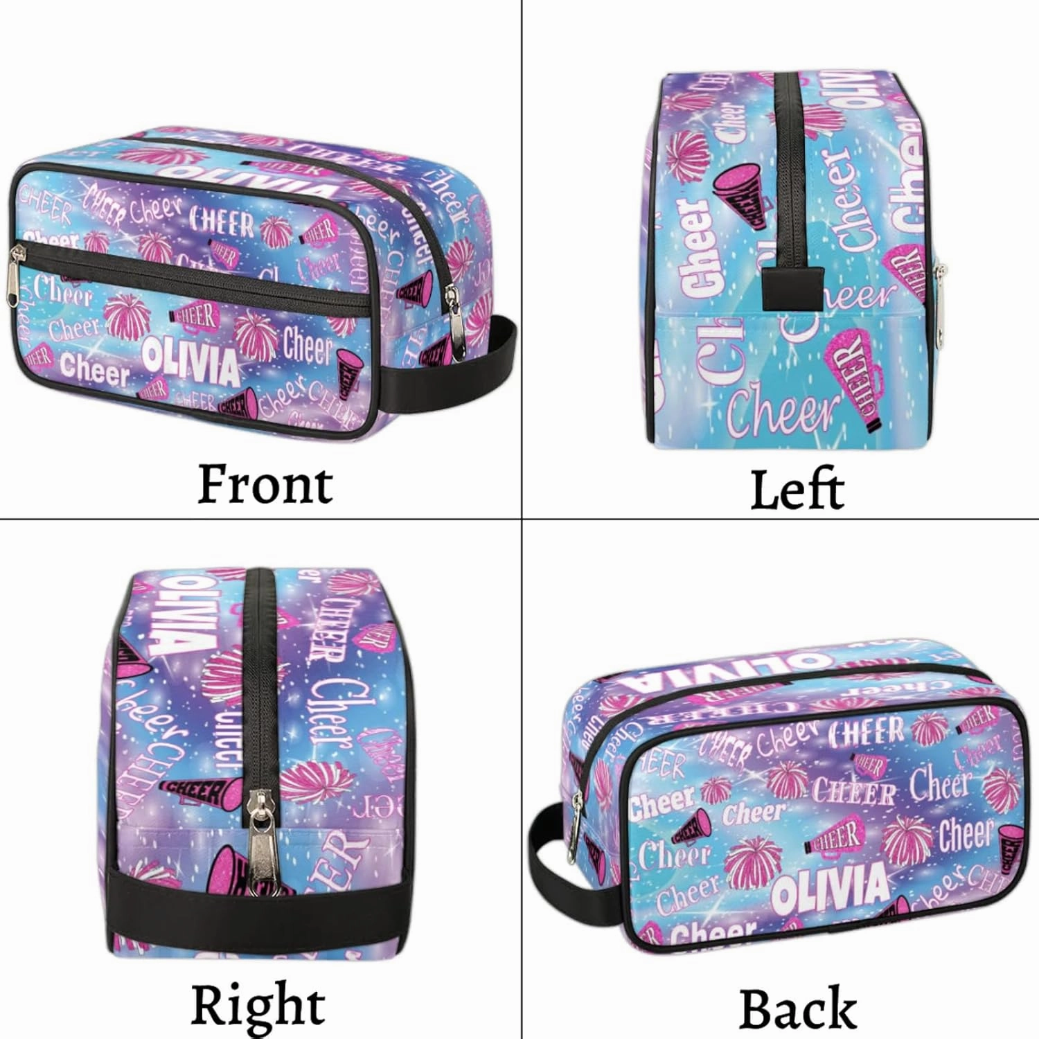 Personalized Travel Cosmetic Bag Waterproof Makeup Bags, Custom Name Colorful Blue Pink Bling Bling Glittering Organizer Case Toiletries Container Bag