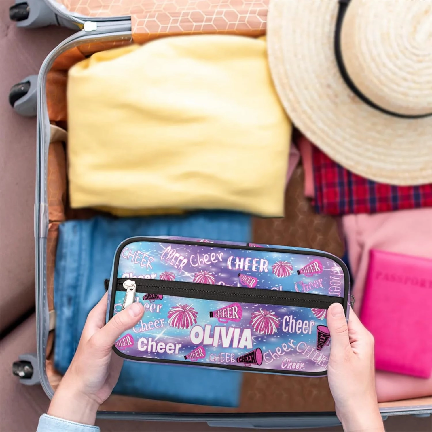Personalized Travel Cosmetic Bag Waterproof Makeup Bags, Custom Name Colorful Blue Pink Bling Bling Glittering Organizer Case Toiletries Container Bag