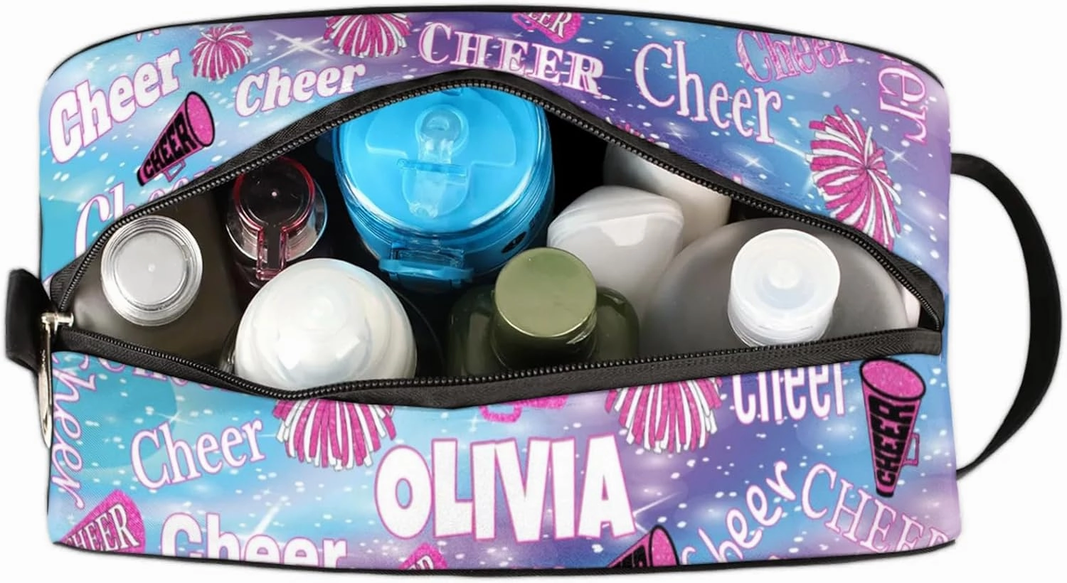 Personalized Travel Cosmetic Bag Waterproof Makeup Bags, Custom Name Colorful Blue Pink Bling Bling Glittering Organizer Case Toiletries Container Bag