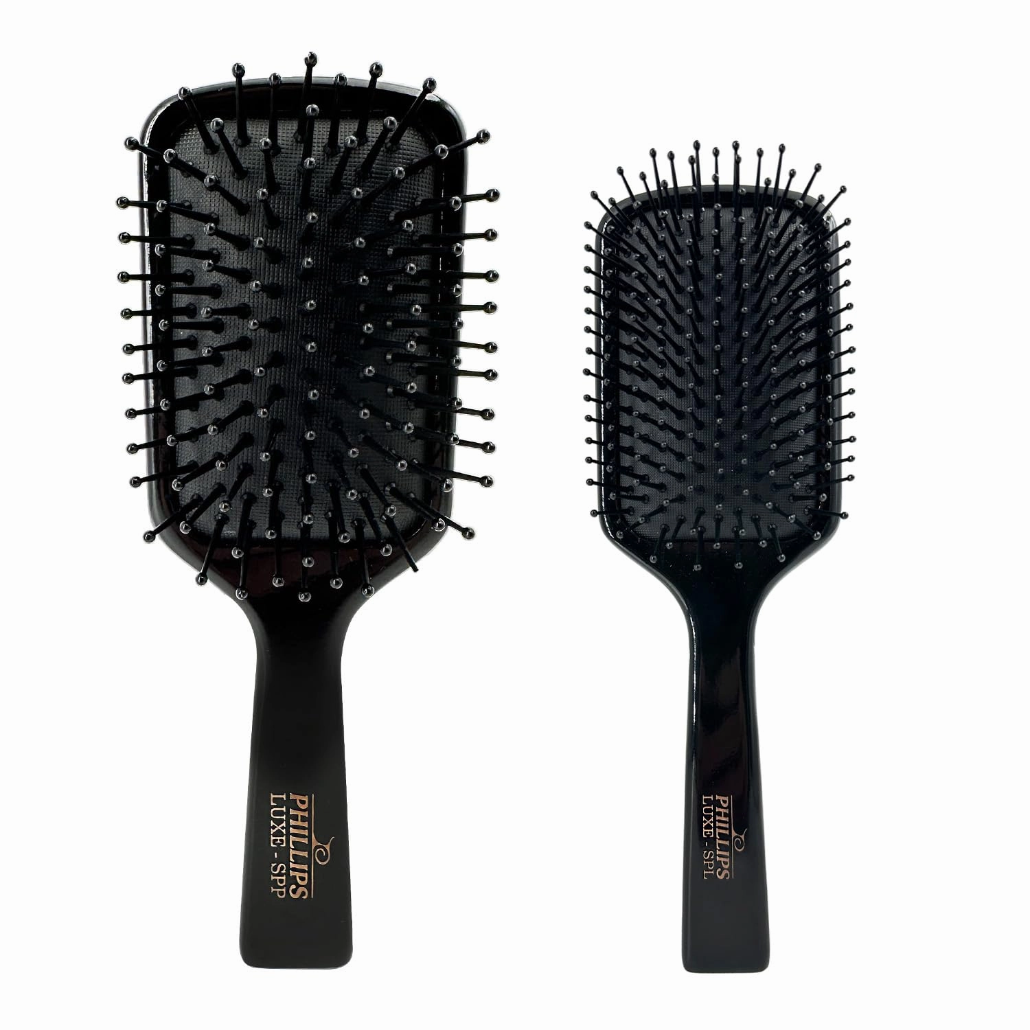 Phillips Brush Luxe Series Square Paddle Hairbrush Combo Pack – Full Sized 9.25 inch Detangler   7 inch Purse Size Travel Detangler, Sleek Black Color with Gold Accents