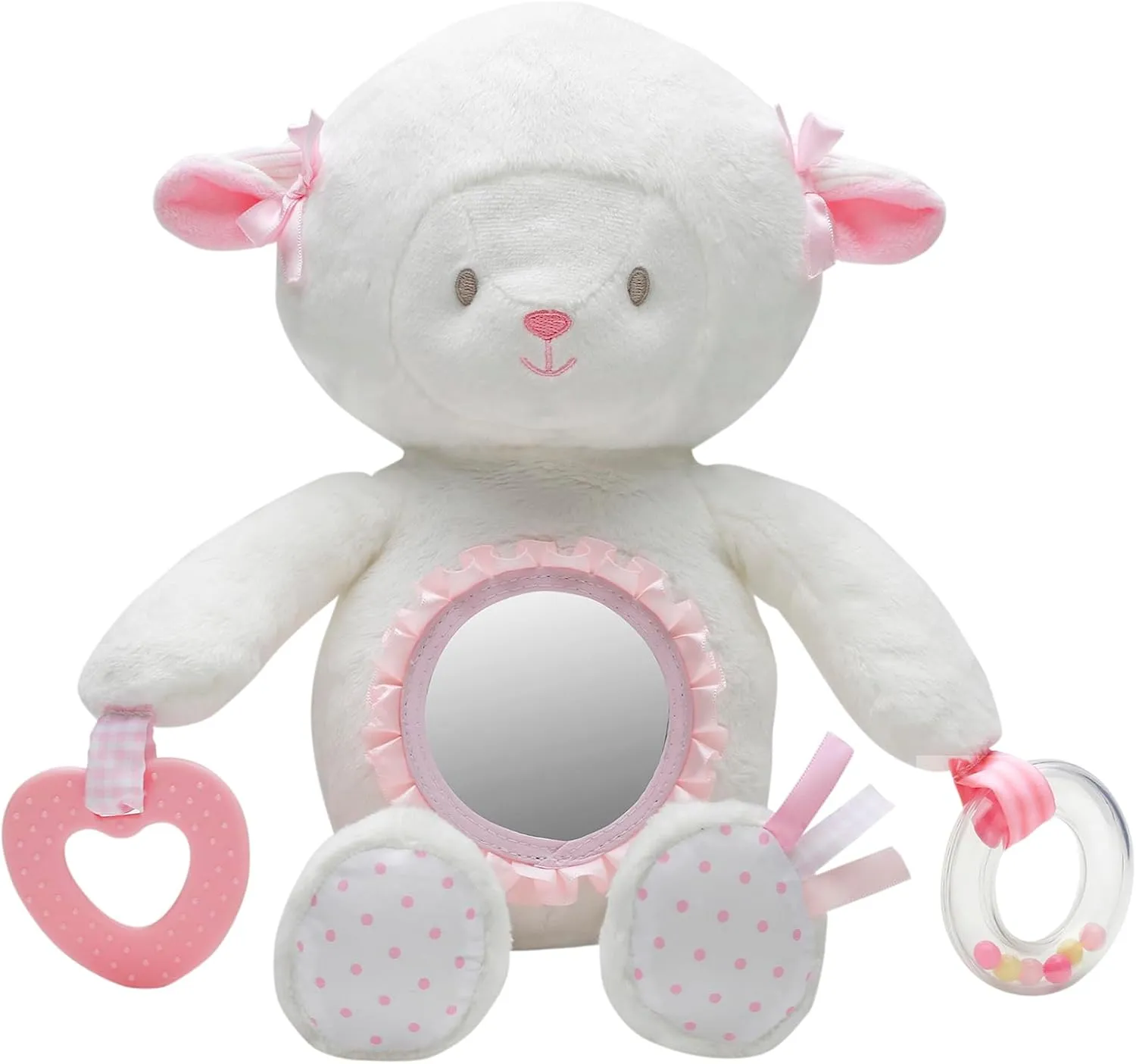 Plush 12.5 inch Lamb Interactive Toy with Baby Mirror, Teether, Rattle, White (9 inch Seated)