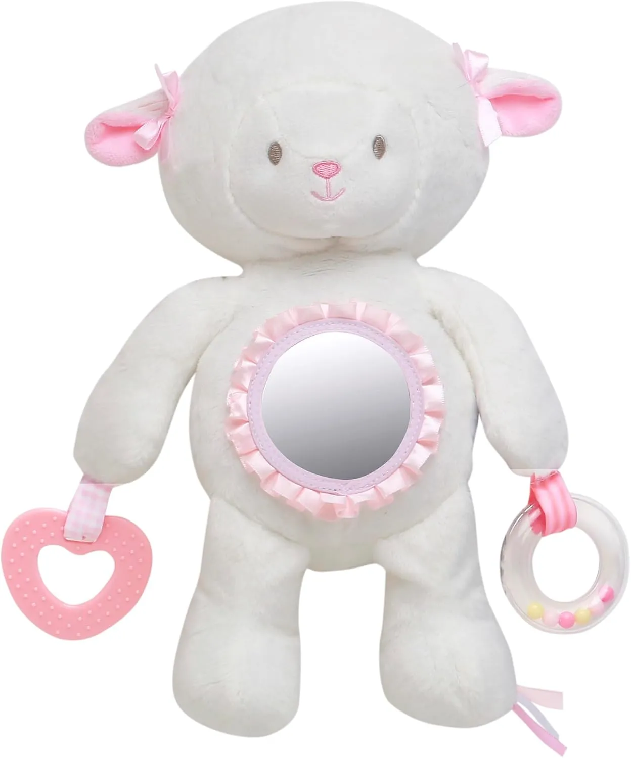 Plush 12.5 inch Lamb Interactive Toy with Baby Mirror, Teether, Rattle, White (9 inch Seated)