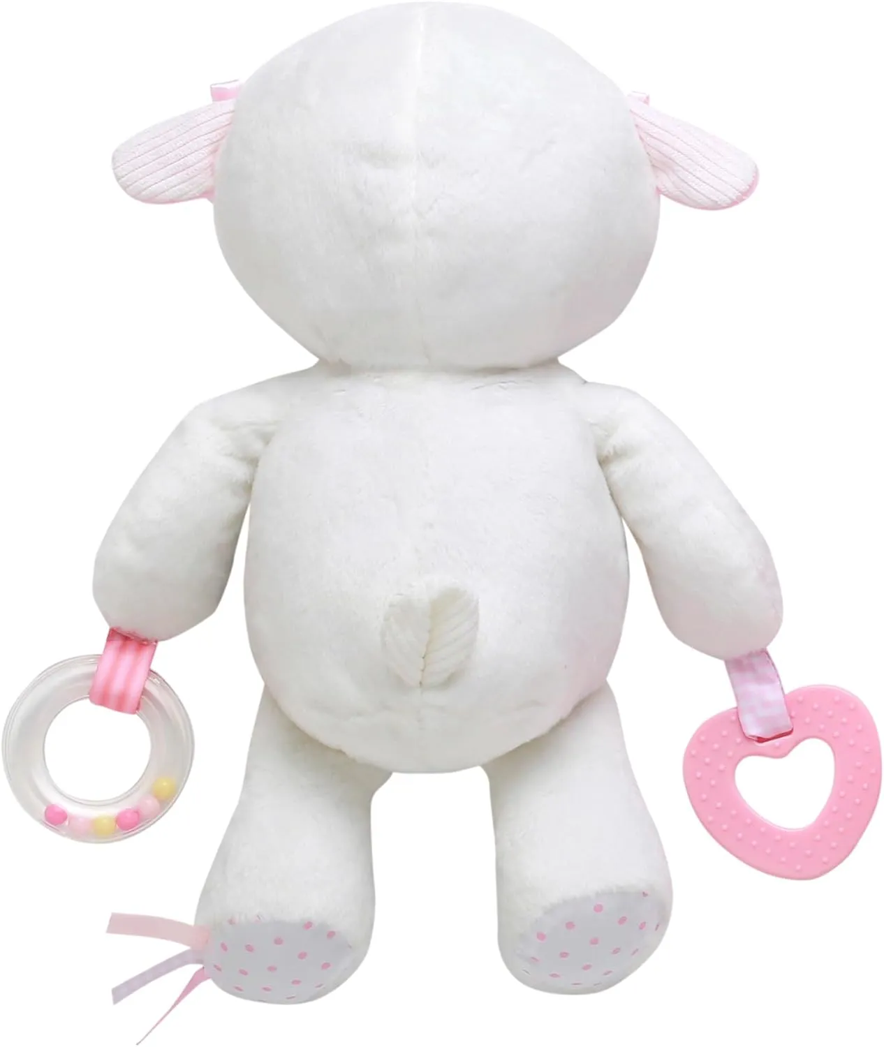 Plush 12.5 inch Lamb Interactive Toy with Baby Mirror, Teether, Rattle, White (9 inch Seated)